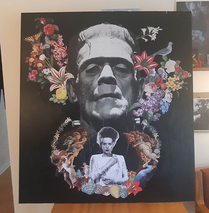 frankenstein and bride collage with flowers